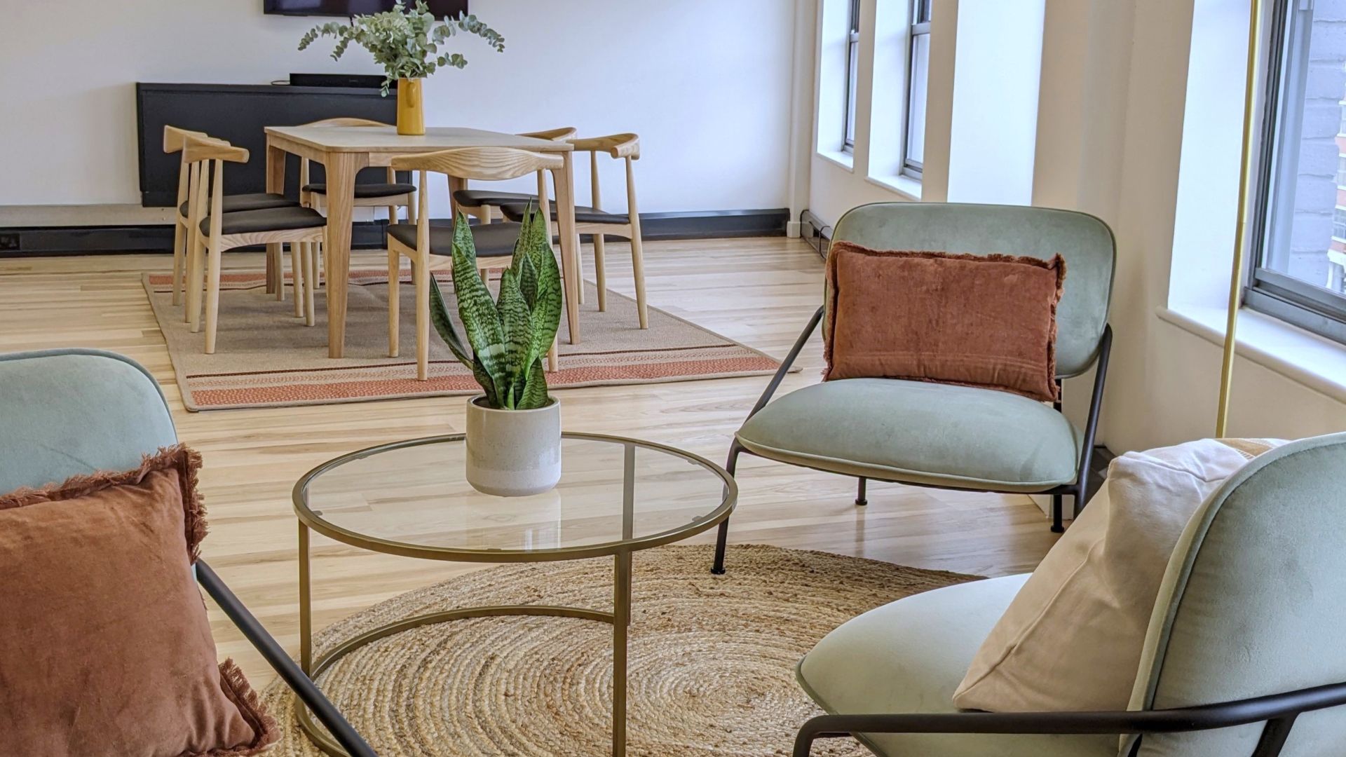 Three green chairs are arranged around a jute rug. There is a glass coffee table with brass trim, and a small snake plant on the table. In the background there is a dining area with a set of contemporary table and chairs arranged on a terracotta rug.
